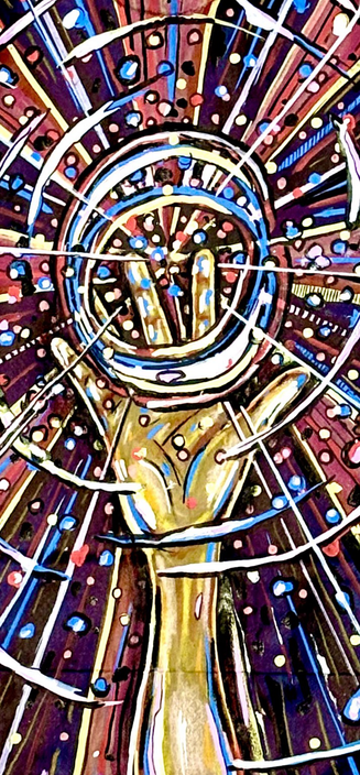 Illustration of a hand with colorful light exploding from the fingertips on a brown paper bag