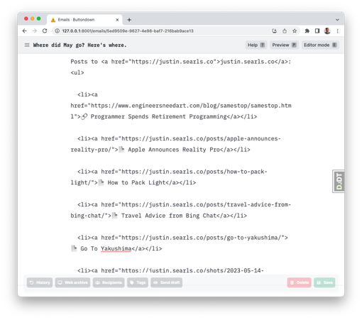Example screenshot of a draft generated by ButtonDown's RSS-to-email feature featuring Django Debug Toolbar and a localhost URL.