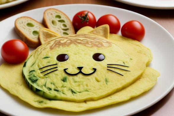 Depiction of an omelet which has dark soy sauce composed as a feline cartoon cat face. Ears are two triangular omelet pieces. On top of the plate are four cherry tomatoes. And two tiny pieces of bread with slight drops of green antipasti.