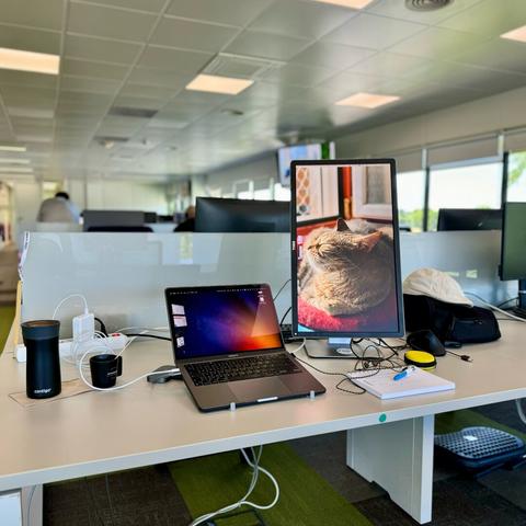 Mi puesto hoy en la planta guay, con mogollón de espacio, una pantalla en vertical y mi café rico a la izquierda.