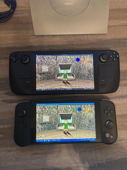 Link getting ready for his adventure in "The Legend of Zelda: Ocarina of Time" running both on the Steam Deck (above rendered via OpenGL) and the Ayaneo Next Lite (below rendered via DirectX 11).