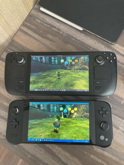 Link getting lost in the woods in "The Legend of Zelda: Majora's Mask" running both on the Steam Deck (above rendered via OpenGL) and the Ayaneo Next Lite (below rendered via DirectX 11).
