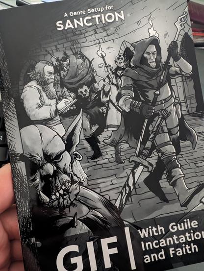 Adventurers storm the dungeon in the tabletop roleplaying game Sanction .GIF