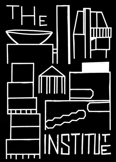 Black and white playing card back with line drawings of modern buildings like the Whitney Museum and the New School alongside text reading "THE INSTITUTE."