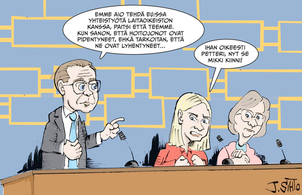 AL 30.5.2024, Sihto:

Orpo: ”Emme aio tehdä EU:ssa yhteistyötä laitaoikeiston kanssa, paitsi että teemme. Kun sanon, että hoitojonot ovat pidentyneet, ehkä tarkoitan, että ne ovat lyhentyneet...

Purra: Ihan oikeesti Petteri, nyt se mikki kiinni!