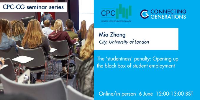 CPC-CG Seminar Series
Mia Zhong, a Postdoctoral Researcher at City, University of London
The 'studentness' penalty: Opening up the black box of student employment
Online / In person, 6 June, 12:00-13:00 BST
Image shows a seminar room with people sitting with their backs to the camera, facing a speaker giving a presentation at the front of the room.