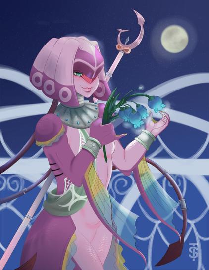 A purple Zora woman holding a blue nightshade flower and admiring its soft glow at night.