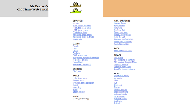 A screenshot of Mr Beamer's Old Timey Web Portal. There are snails with @ symbols for shells at the top, an orange bar, text logo on left, and two columns of blue old style links split into categories dev/tech, games, exercise, Jake's, music, art/cartoons, food, travel, and more