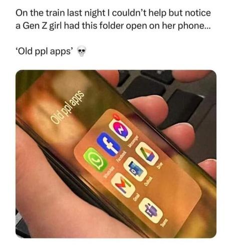 A set of apps is in a folder called "Old ppl apps" and include WhatsApp, Facebook, Instagram, Gmail, Teams