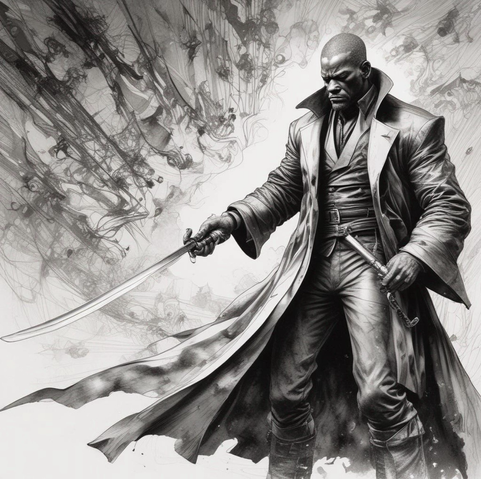 Morpheus, Laurence Fishburne, the Martrix Reloaded, holding a katana, battling an agent, wind whipping around, trench coat flying in the wind Wonder App AI Art
