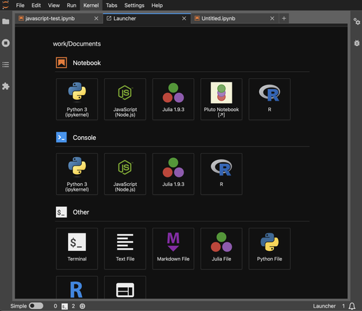 Screenshot of Jupyter notebook interface showing options to launch Python and Javascript notebooks