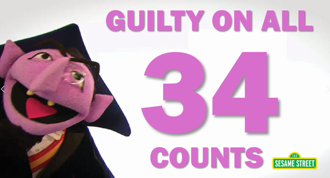 A doctored image of Sesame Streets Count von Count smiling from the side. Above the small Sesame Street logo, in large pink letters, reads "GUILTY ON ALL 34 COUNTS".