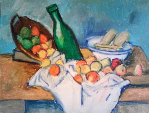 A painting done in oil pastels. The illustration is quick reproduction of a Paul Cézanne still life. There is a cloth drapped on a wooden table, with fruit, a green glass bottle, and a white ceramic bowl holding some bread.