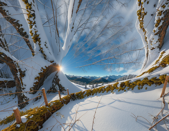 A slightly surreal view from a winter field, through snow-covered trees with floating branches, towards a bright pin-point sun in a blue sky, with mountains in the distance.