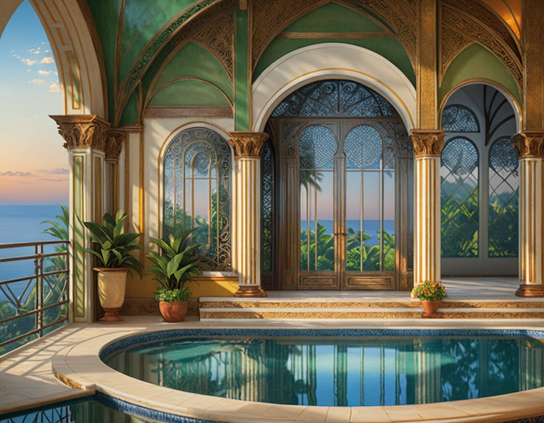 An indoor-outdoor pool in a shelter of arched Mediterranean-style architecture with decorative columns and intricate windows, and a view of the ocean in soft afternoon light.
