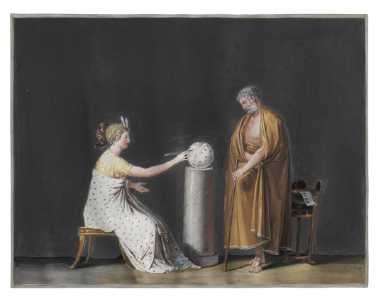 A Neoclassical scene. A woman, Urania, the muse of astronomy, sits on a classical bench. She wears a robe patterned with stars and her blonde hair is bound up in a typically Neoclassical manner. She holds a quill in her right hand with which she points to a spot on a celestial globe that sits on a column before her, while her other hand is in a gesture of explanation. On the other side of the column, a man, the philosopher Thales of Miletus, wearing a rusty-brown robe and holding a staff, looks on with surprise and amazement.