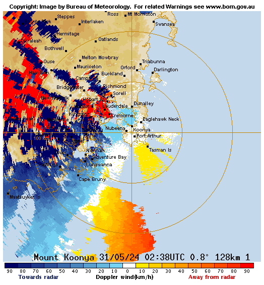 Doppler radar image for Mt Koonya, featuring very strong winds toward the radar shown in dark blue, but patches apparently away from the radar shown in red.
Source http://www.bom.gov.au/products/IDR76I.shtml
