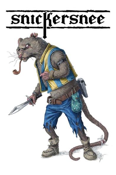 Snickersnee cover

Grey furred ratling wearing a blue and yellow vest and ragged blue trousers. They hold a knife in one hand, and a pipe in their mouth. One eye is scarred and white, the other is black.