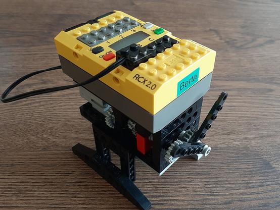 The clock construction with the yellow programmable brick on top, looking slightly different than the original build.