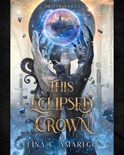 Book cover showing two statue-like hands, one made of dark stone with black glass, one white marble. They are intertwined with their thumbs, both hands reaching up and a floating magical orb in-between them. The orb shows a dark castle in a kingdom of night. Florals embellish the hands, swords are in the background and an eclipse encircles the hands.