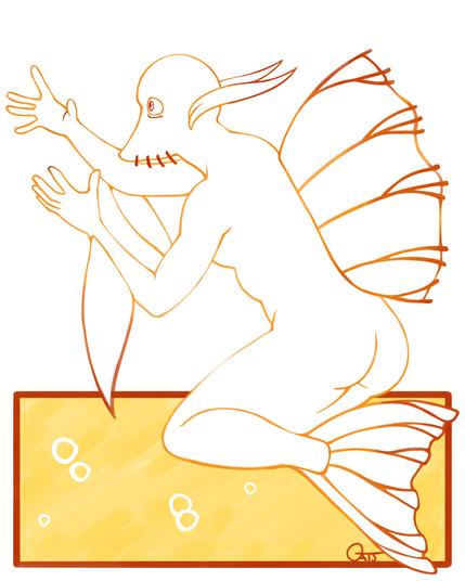 An illustration of a mermaid drawn to look like a Bristlenose Pleco fish. They have a long muzzle like nose and mouth with whiskers like fins running down their face. They have a large back with with many uneven lines dividing it up. That same pattern is on their fail fin. They are also bald except for to long ear fins.