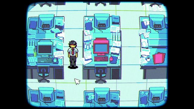 Videogame framed by a faux CRT screen, done in a pixel art style. A man stands in the middle of an open plan office. The computer and the file folder are highlighted in pink.