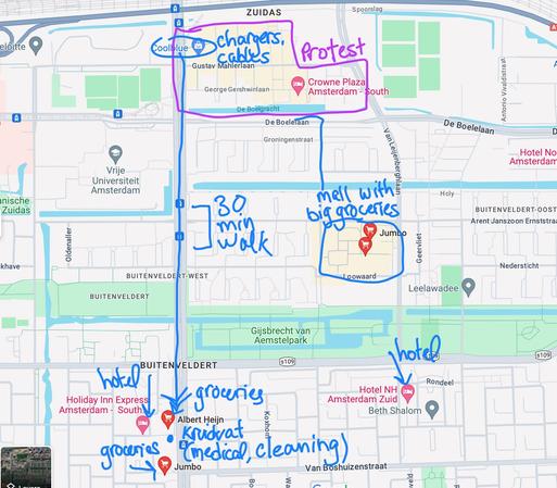 map of south amsterdam with grocery stores, hotels and medical supplies circled. You can ask your map app for Albert Heijn or Jumbo for groceries and Kruidvat for basic medical and cleaning supplies. Coolblue is the electronics store.
