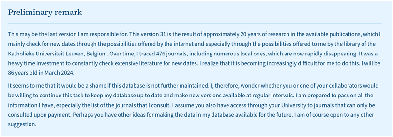 Screenshot from the website. The database maintainer is 86 years old and searches for a colleague to take over.