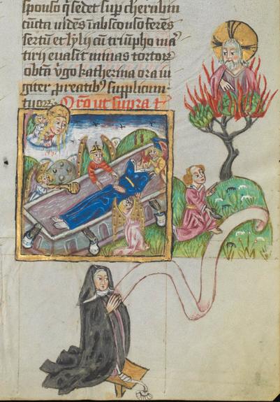 Schaffhausen, Stadtbibiliothek, Min. 101, f. 296r, detail. A few lines of text and an illumination at the bottom of the page: Held by Angels, The severed head of St. Catherine gazes upon her body in the tomb. The head breaks the frame. Meanwhile, outside the closter of the frame, the landscape continues with a bearded, haloed figure rising out of a flaming tree speaking to a balding male figure kneeling on the grass. Below the frame, inhabiting the null space below the cloister-frame, a Franciscan nuns prays, with a silent prayer tape arriving beneath the feet of the kneeling male, who appears to be bringing it to the attention of the haloed, bearded type. Oh Happy is Katherine, whose martyrdom has freed her from the prison of the Body and the mediated truth!