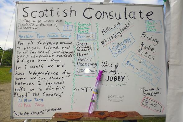 The Scottish Consulate board on day 1 of EMFCamp 2024
Information about what is on, and random thoughts there there is too much for me to type out it is almost 5 and have already had 4 bottles of  of buckfast, call 3337 on DECT if you want to know what is on the board.