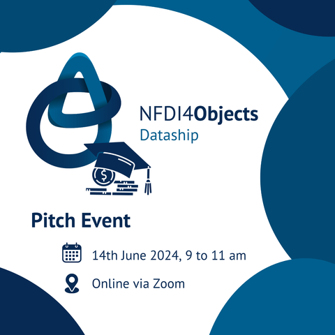 NFDI4Objects announces Dataship Pitch Event which will take place online via Zoom on June 14th from 9 to 11 am. In the background there are blue blubbles on a white ground. In the middle there is the NFDI4Objects Dataship logo: an academic hat on a staple of coins.