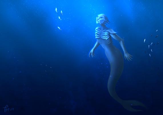 A merperson with bony protrusions swims up from the blue depths of the ocean.