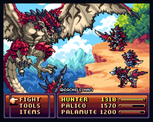 Pixel art of Monster Hunter Rise as a retro RPG. Rathalos is hovering over the edge of a cliff with the player character, Palico & Palamute ready to fight it.