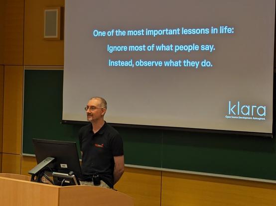 Allan Jude with a slide that includes, "Ignore most of what people say. Instead, observe what they do."