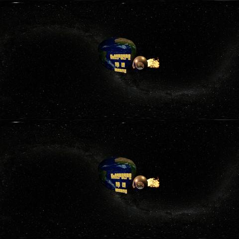 A 360-degree stereo render of pod like space-ship in the distance with aliens dancing on deck. There are titles floating in space: "Observers Ep 12, Money"