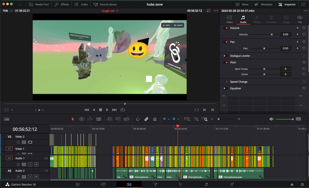 a screenshot of a DaVinci Resolve editing timeline with a frame of the video visible.  the video shows a bright pastel Web VR space with a green and pink sky, some glitchy looking creatures, sculptural avatars, and random emojis and links placed in by the users.