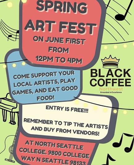 Spring Arts Fest Flyer with text inside three pink, blue and green boxes on pale green background with I,ages of musical notes and a piano