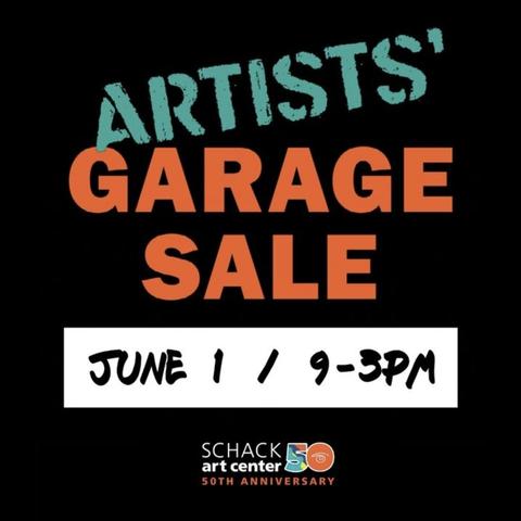 Flyer with Artists Garage Sale text in aqua and orange on black background