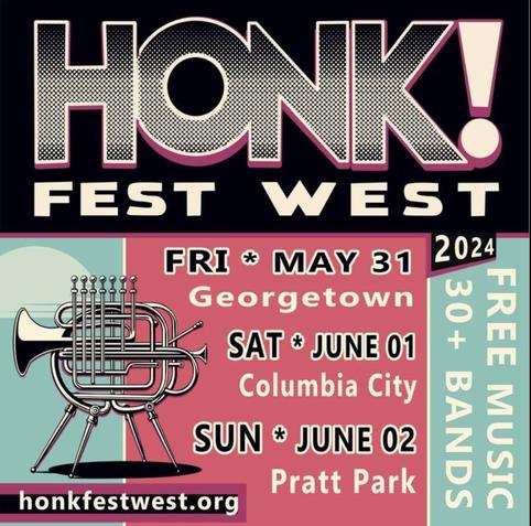 Honk! Fest flyer with text inside black, mint green and pink boxes with a brass instrument illustration