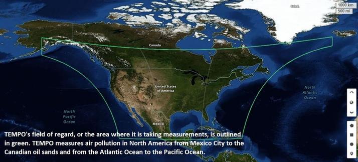 map - TEMPO's field of regard, or the area where it is taking measurements, is outlined in green. TEMPO measures air pollution in North America from Mexico City to the Canadian oil sands and from the Atlantic Ocean to the Pacific Ocean.