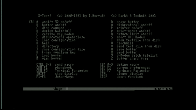 X-Term! for the Commodore 64. The program emulates 80 colum mode and is displaying the help file: light gray text on black background.