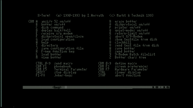 X-Term! for the Commodore 64. The program emulates 80 colum mode and is displaying the help file: light gray text on black background.