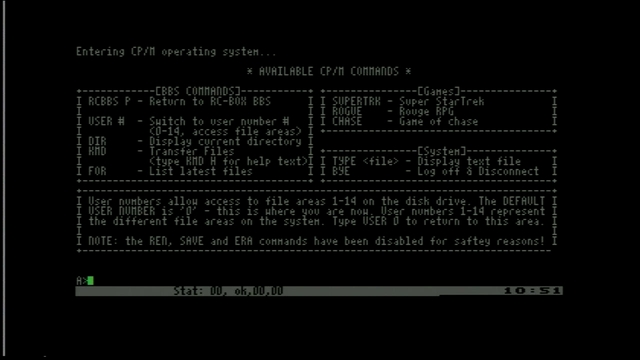 The CP/M help screen text of RC-BOX BBS in its new design consisting of ASCII art boxes grouped by command type.