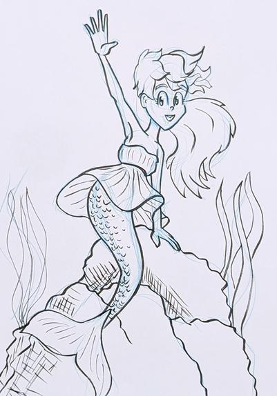A pen and ink illustration of Natasha Winter as a mermaid underwater. She's wearing her yellow sundress and waving to the viewer while leaning on a rock.