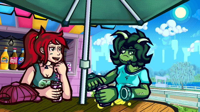 A dithered drawing of a pansexual red-haired ponytail girl in a green tank-top, sitting outside by a drink stand with a meek alien girl with neck-long hair, she is wearing a cyan T-shirt. They're holding grape soda cans, and are sitting at a table outside, with an umbrella over them. It's a bright sunny day, and a large city is visible in the background, with a fenced-off road going into the background. A lake is present on the far right.