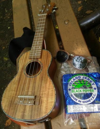 My wooden ukulele, wood frame sunglasses, h black pepper beef jerky from Island Jerky, made in Sidney, BC.