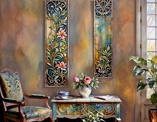 A cozy interior with stained glass panels and floral designs, vintage furniture, an open book, and a tea cup.