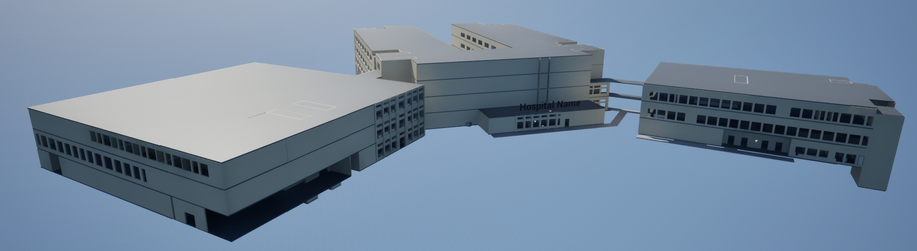 A screenshot of my game's main level. It features three huge buildings with three or four floors each. Walkways connect the buildings.