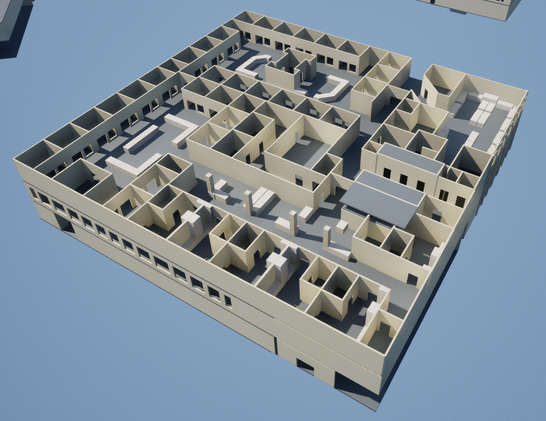 A bird's-eye view screenshot of one of the floors of a building in my game. Pictured is a complex cluster of rooms and hallways.