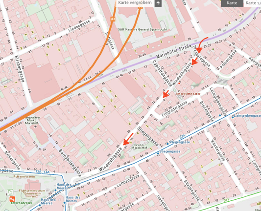 Stadtplan: Rot markierte Pfeile zeigen, wo die derzeitige Einbahnregelung für Radfahrende geöffnet werden sollte.